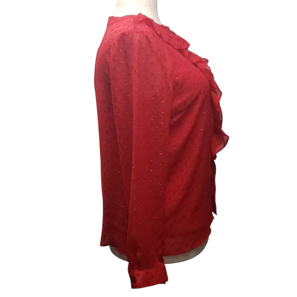 Jaclyn Smith Red Gold Shimmer Blouse L – Ruffle Front, Sheer Layer, Vintage Glam - Picture 2 of 9
